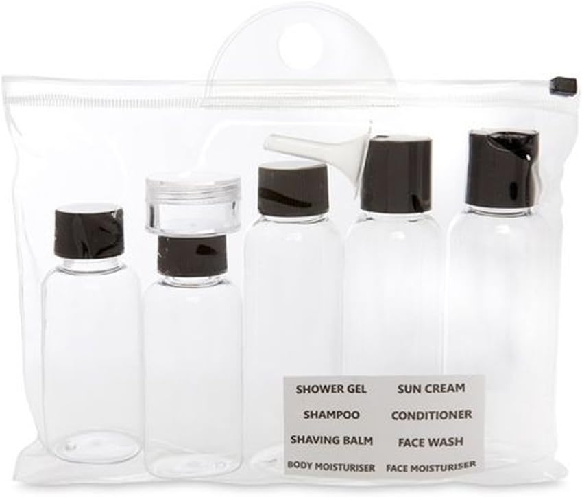 7pc Travel Bottle Set Toiletries Clear Bottles Airline Security Approved Bag Cosmetics 100ml