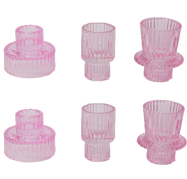 FLCSIed Glass Candlestick Holders Set of 6 Glass Candle Holders for Taper Candles,Pillar Candles and Tealight Candles (Pink)