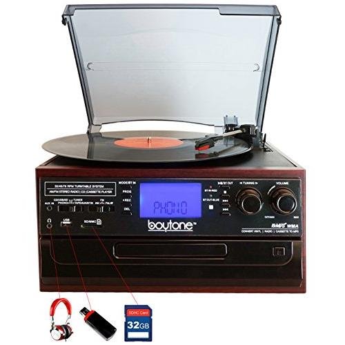 Boytone BT-22C, Bluetooth Record Player Turntable, AM/FM Radio, Cassette, CD Player, 2 built in speaker, Ability to convert Vinyl, Radio, Cassette, CD to MP3 without a computer, SD Slot, USB, AUX