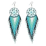 Dream Catcher Beaded Long Tassel Turquoise Drop Dangle Fringe Bohemian Hook Earrings for Women Girls