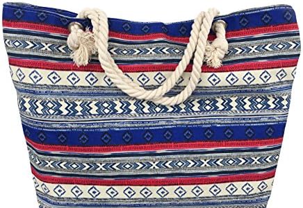 Aztec Canvas Beach Tote Shopping Fashion Bag W/ Zipper Closure (Blue)