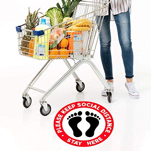 Social Distancing Floor Decals [10 Pack, 12\'\'], SZSY Waterproof Social Distancing Sign Adhesive Vinyl Safety Floor Stickers – Stand Here – for Business Work Hanging Out (Red)