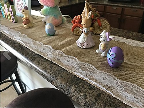 Haperlare 12 x 108 inch Natural Vintage Burlap Table Runner with White Lace Jute Tablecloth Hessian Table Runner Burlap Tablecloth for Country Outdoor Wedding Party Christmas Home Decorations