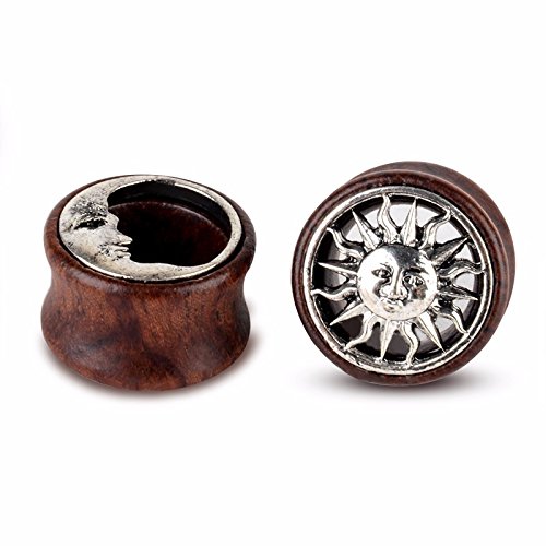 00g 10mm Tribal Sun & Moon Organic Wood Flesh Tunnel Double Flared Ear Gauge Stretcher Saddle Plug