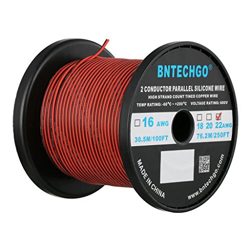 BNTECHGO 22 Gauge Flexible 2 Conductor Parallel Silicone Wire Spool Red Black High Resistant 200 deg C 600V for Single Color LED Strip Extension Cable Cord,model,250ft Stranded Tinned Copper Wire — image 1