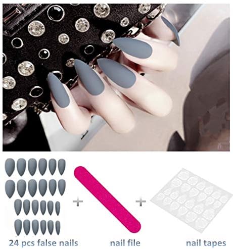 editTime 24PCS Solid Colors Stiletto False Nails Extra Long Acrylic Gradient Color Glossy Coffin Ballerina Press on Nails French Fake Nails Tips(Matte grey)