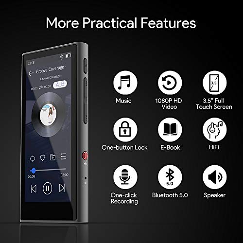 AKAMATE Mp3 Player, Music Player with Bluetooth 5.0, 3.5" Full Touchscreen, 8GB Player with 1080P HD Video, One Click Recording, Built-in Speaker, HiFi Lossless Sound, E-Book, Support up to 128GB
