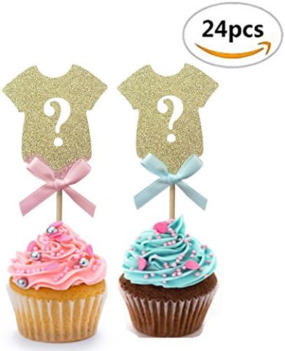 24Pcs Gender Reveal Party Decors Gold One sie Question Mark Cupcake Toppers, Baby Shower Party Cake Food Decoration Supplies