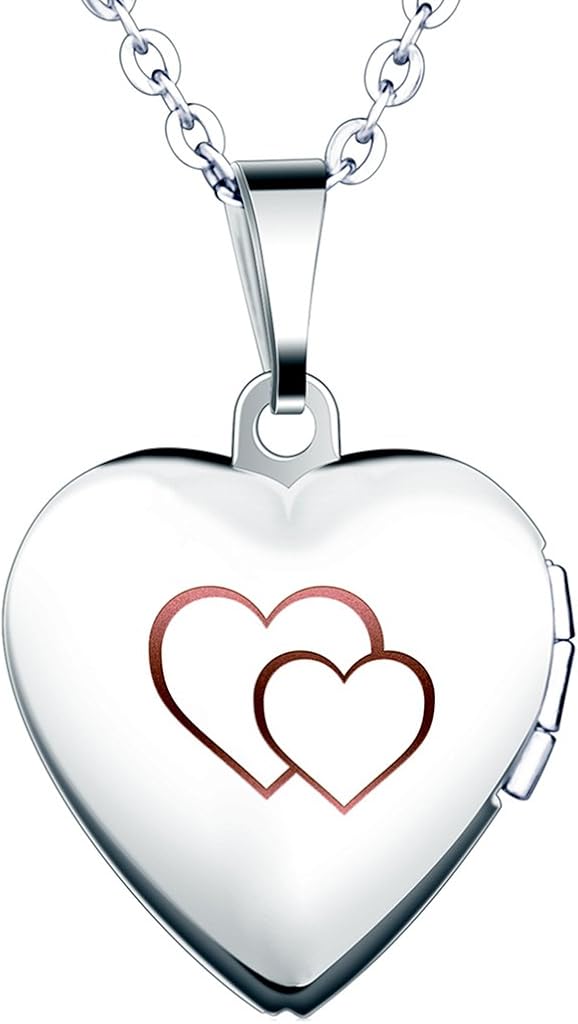 Yumilok Stainless Steel Double Hearts Engraved Pink Open Heart Photo Locket Memory Pendant Necklace for Women/Girls/Couples