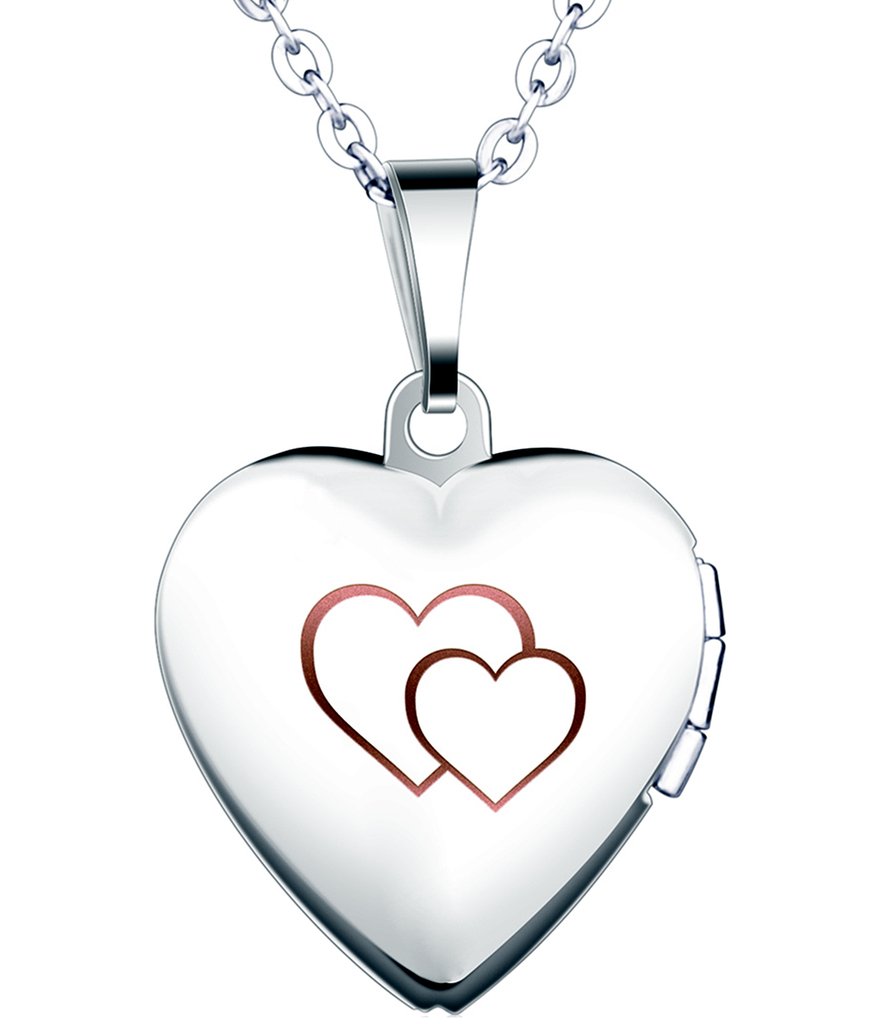 Yumilok Stainless Steel Double Hearts Engraved Pink Open Heart Photo Locket Memory Pendant Necklace for Women/Girls/Couples