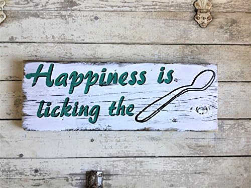 Distressed Wooden Kitchen Farmhouse Wall Home Décor Sign, Happiness is Licking the Spoon Quote