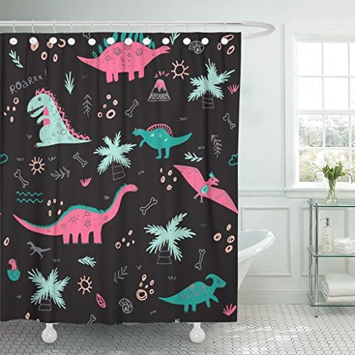 Breezat Shower Curtain Childish Pattern with Colorful Dinosaurs Vulcan Palm Tree Shell on Black Can Be Printed and Used As Waterproof Polyester Fabric 72 x 72 Inches Set with Hooks