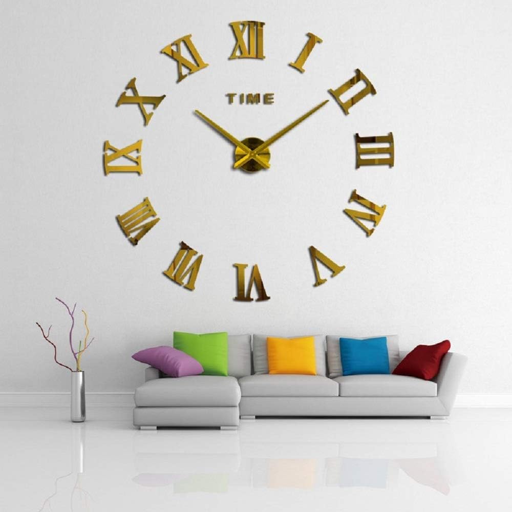 3D DIY Wall Clock, Frameless Large Wall Clock Home Decoration Mute Mirror Wall Stickers Black Roman Numerals