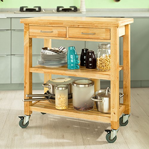 Buy SoBuy FKW24N, Rubber Wood Kitchen Trolley Cart with Two Drawers & Shelves, Kitchen Storage