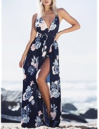 BerryGo vestido largo sexy con cuello en V profundo sin espalda con estampado floral con abertura para fiesta para mujer