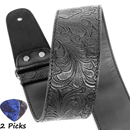 Guitar Strap, Printed Leather Guitar Strap PU Leather Western Vintage 60's Retro Guitar Strap with Genuine Leather Ends for Electric Bass Guitar,Wide Adjustment Range, with Tie,Include 2 Picks,Black