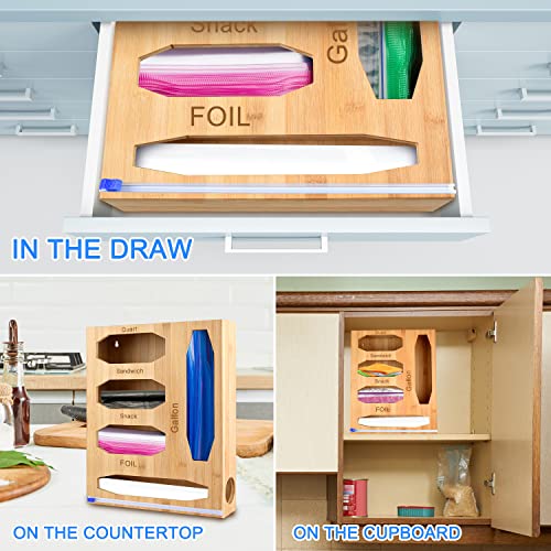 Ziplock Bag Storage Organizer Wrap Dispenser - Aluminum foil Dispenser with Cutter Labels,Bamboo Organizer, Compatible with Gallon, Quart, Sandwich and Snack Variety Size Bag