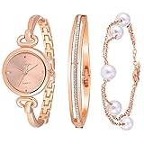 Xinge 590 Women's Round Case Rose Gold Bangle Wrist Watch and Bracelet Sets