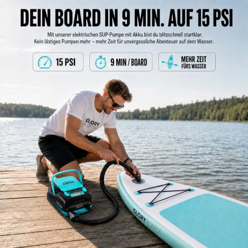 Glory Boards SUP Pump Battery Electric Pump SUP 20 PSI High Pressure Electric Air Pump with 6 Adapters for Stand Up Paddle Boards, Boats, Kayak, Air Mattresses, Tent, 230 V & 12 V Charging Function