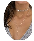 Tupai Fashion Women Girls Thin Layered Sequins Choker Necklace Lady Long Chain Pendant Necklace (Silver)