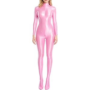 SEAUR Women's Sexy Glossy Long Sleeve Bodysuit Shiny Stretchy Full Body Catsuit One Piece Footed Unitard