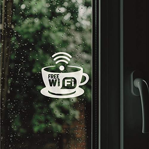 Free WiFi Cup Vinyl Sticker Decal Sign Modern White Informative Internet Sign for Store Front Restaurant Business Building Shop Indoor Outdoor - 18 x 19CM - (White, Reversed) | StickerDeen