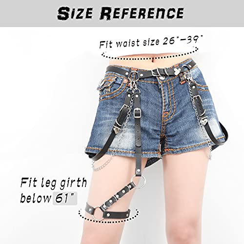 WERFORU Women Punk PU Leather Chain Belt Ladies Gothic Rock Waist Belt with Leg Harness Garter, Belt Suit for Waist Size 26-39 Inches, Leg Garter Suit for Thigh Girth below 61 Inches