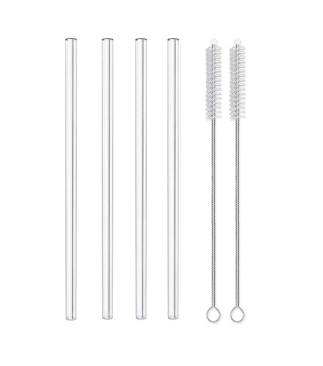 Invero 4 Pack of Glass Drinking Straw with Cleaning Brush - Reusable, Straight, Healthy, Eco Friendly, BPA Free, Very Sturdy - Ideal for Milkshakes, Smoothies and More - 20cm