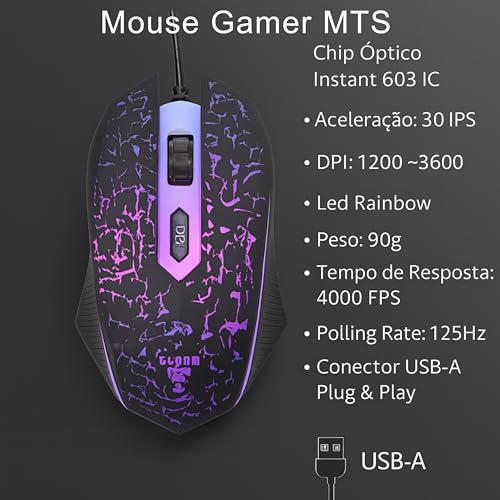 Combo GAMER 4 em 1 MTS, Nightmare • Mouse 4D - 3600 Dpi • Teclado RGB LED Rainbow Anti-Ghosting • Fone e Microfone Headset 45mW Stereo • Mousepad 290x250 • Quality Premium • Setup Gamer