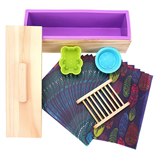 TOPQSC Soap Molds Set Flower Animal Soap Silicone Mold with Rectangular Wood Box and Lid for DIY Soap Making,Including 4 Leaf and Bear Molds,Wooden Holder and 20pcs Color Oiled Packing Papers for Free