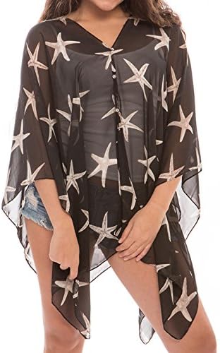 Women's Fashion Beach Wear Sheer Chiffon Wrap Tunic Swimwear Cover Up (STARFISH, BLACK)