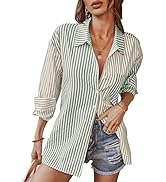 KAYWIDE Women's Vertical Stripes Button Down Shirts Casual Long Sleeves Lapel Collar Colorblock P...