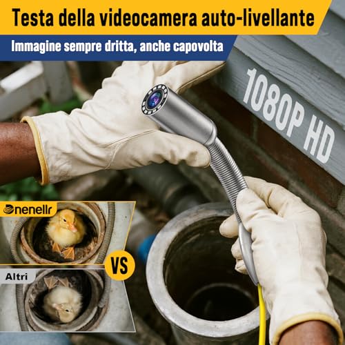Dnenellr Tube Inspection Camera with 512Hz Probe and Auto-Leveling Function 1080P, Cable with Metric Marks, 9 Inch HD IPS Screen, 32GB DVR, 5100mAh Battery, Waterproof IP68 (20M)