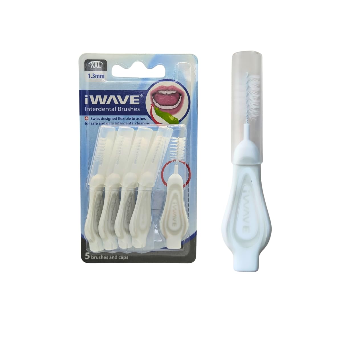 iWave Interdental Brushes Fine Size 1.3 mm White Pack of 5 – Interdental Cleaning Brushes for Total Teeth Cleaning Plaque Removal Tool