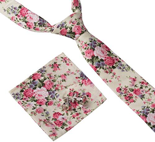 Mens 3pc Skinny Cotton Tie Necktie Set Pocket Square/Handkerchief &amp; Cufflink by GradeCode (Cream Floral)