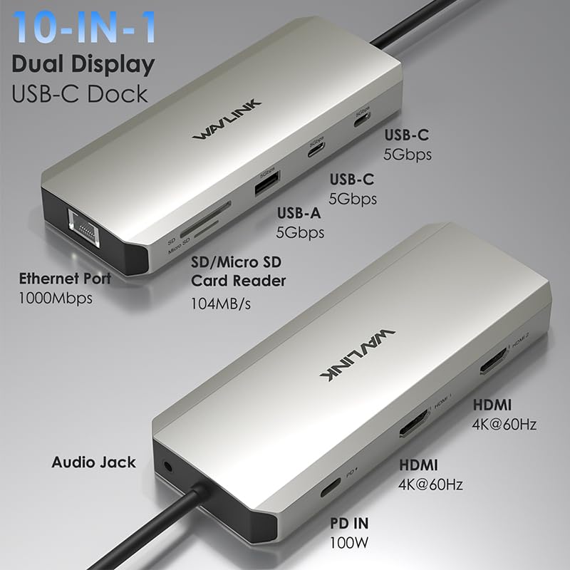 Station d'accueil USB-C 10 en 1 WAVLINK Double HDMI 4K@60 Hz, ports USB-A/C 3.0, lecteur SD/TF, entrée PD 100 W, Ethernet Gigabit et port audio Compat Dell, HP, Lenovo