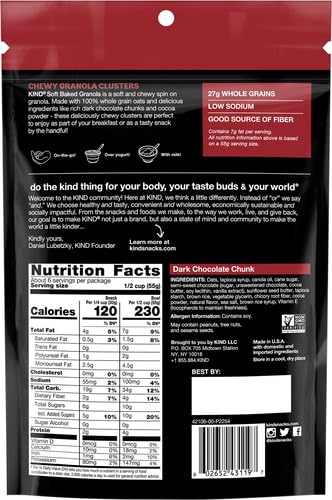KIND SOFT BAKED GRANOLA, DARK CHOCOLATE CHUNK, HEALTHY SNACKS, GLUTEN FREE, 100% WHOLE GRAINS, 4G PROTEIN, 11OZ, 1 COUNT