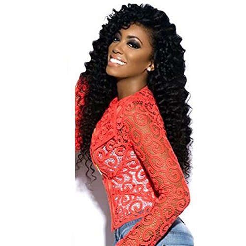 Royal-First Glueless Deep Wave Brazilian Virgin Human Hair Lace Front Curly Wigs for Women 24inch Long #1b Natural Black Color 180% High Density