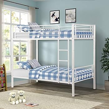 Merax Twin Over Twin Metal Bunk Bed with Removable Ladder (White.)