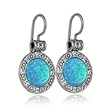 Antique Look 925 Sterling Silver Created Blue Fire Opal Earrings with Ornate Floral Design & Secure Backs