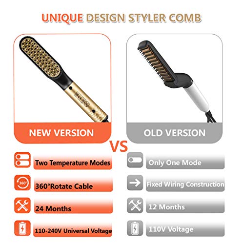 TFS Heated Beard Straightener Comb for Men - 2 In 1 Beard & Hair Straightening Brush with Ceramic Teeth, Portable Electric Hot Comb Iron Mustache Brush Styler Tools for Home Travel