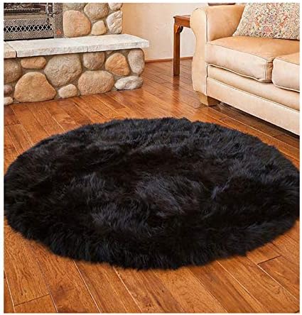 Round Mat Home Decor Faux Fur Sheepskin Rugs Kids Carpet Nursery Bedroom Fluffy Rug Shaggy Area Rug, Diameter 4ft Black