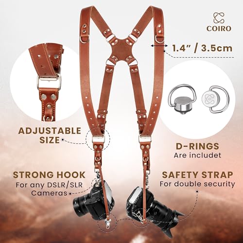 C Coiro Dual Camera Harness for Photographers, Double Adjustable Leather Strap DSLR/SLR, Dual Shoulder Harness