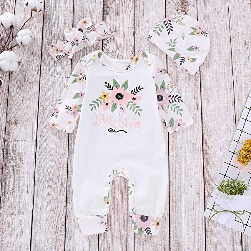 3Pcs/Set Baby Girl Toddler Floral Outfit Clothes Set Romper + Hat + Bowknot Headband (Color : White 100)