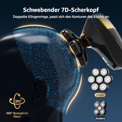 Bald Razor Men's Electric 7D Head Shaver Bald with 5-in-1 Care Set, LED Display, Rechargeable, Flexible 360 Degree Shaving Head, IPX6 Waterproof, 9200 rpm