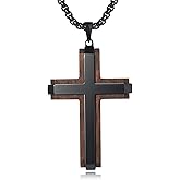 Ropartman Wooden Cross Necklace for Men, Real Ebony Mens Cross Necklaces Black Stainless Steel Christian Christian Gifts for Men Wood Crucifix Pendant, with Necklace 24" Round Box Chain