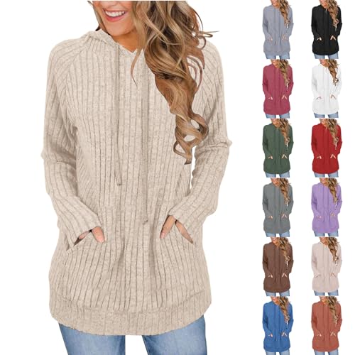 Long Sleeve Tops Women Hooded Rib Knit Lightweight Jumpers Loose Fit Pullover Fall Basic Sweaters with Pockets 2025,Dress Tops for Women,Cropped Knitted Sweaters for Women Khaki