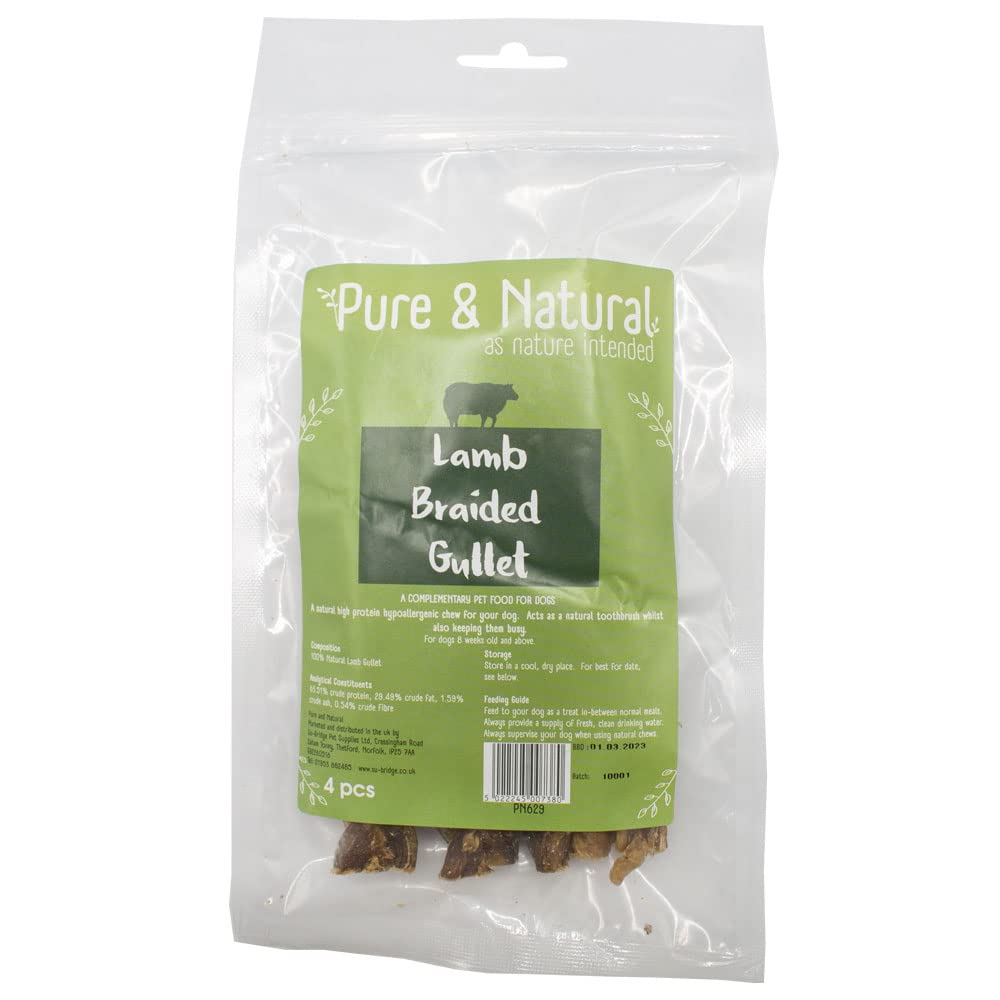 Pure & Natural Lamb Gullet Braids - Natural Dog Chews, Hypoallergenic Lamb Braids for Dogs and Long Lasting Dog Treats - Pack of 4