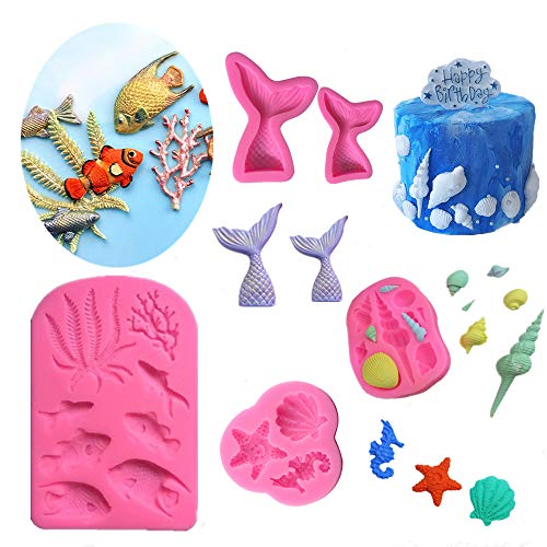 Marine Theme Fondant Silicone Mold,Seashell,Mermaid Tail,Seaweed,Coral,Fish DIY Handmade Baking Tools for Mermaid Theme Cake Decoration,Chocolate,Candy,Fondant,Polymer Clay,Crafting Projects