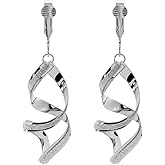Non Pierced Clip On Silver Tone Sparkle Twist Dangling Earrings